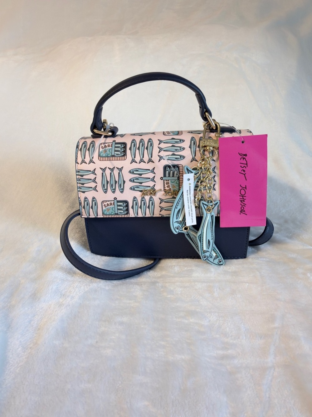 Viral Betsey Johnson Pink & Navy Sardine Satchel with Charm Accents